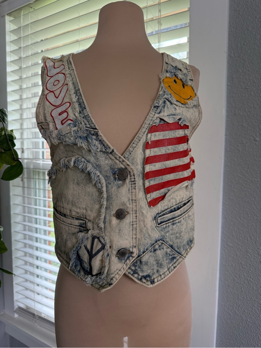 Vintage Distressed Acid-Wash Denim Patchwork Vest 80's 90's